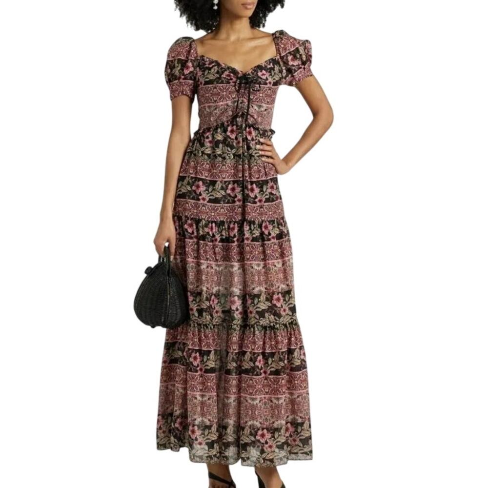Alice + Olivia Andrea Tiered Cotton Silk Antique Rose Floral Maxi Dress Size 2